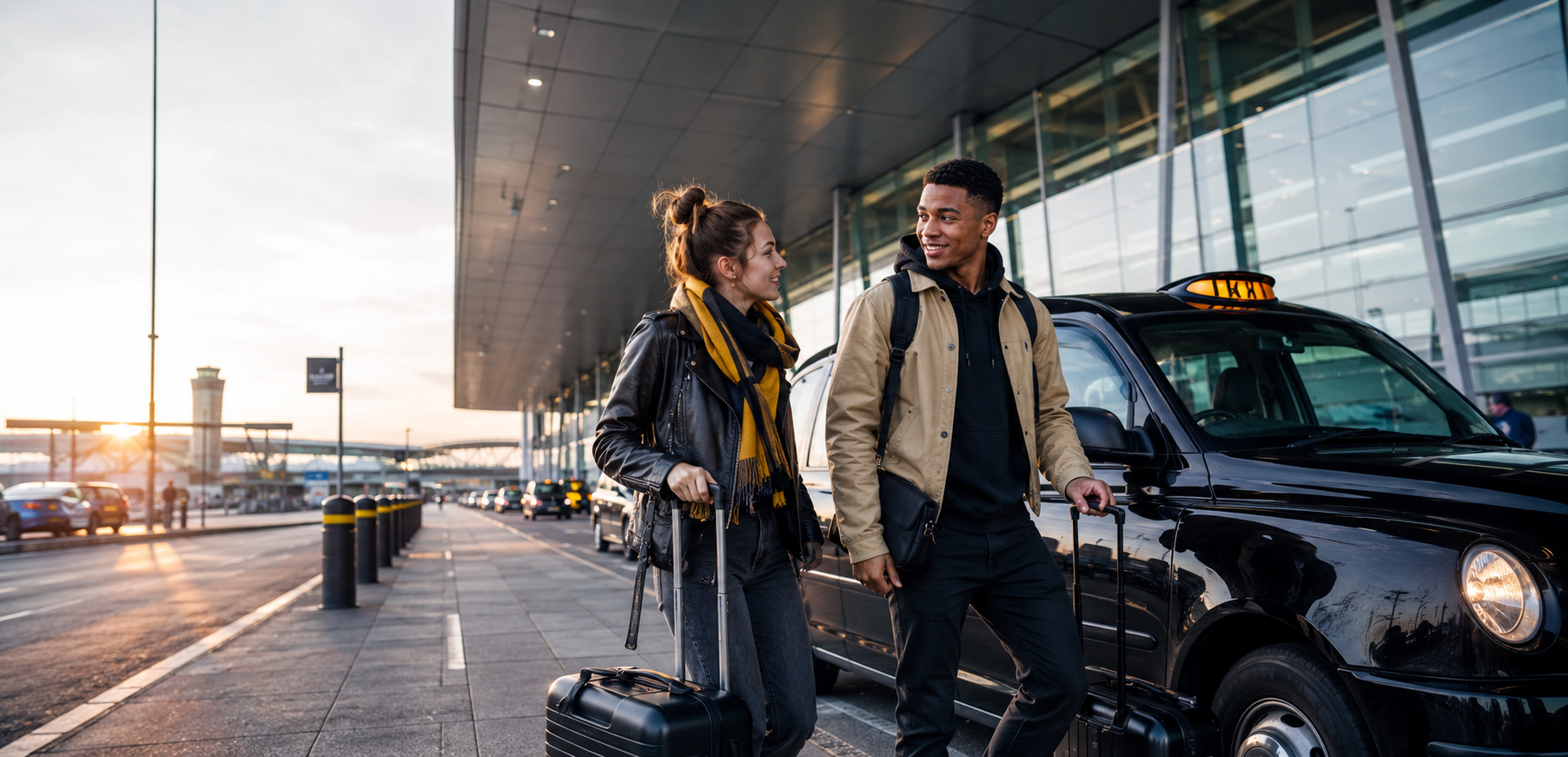 Giovani viaggiatori che prendono un taxi per l'aeroporto