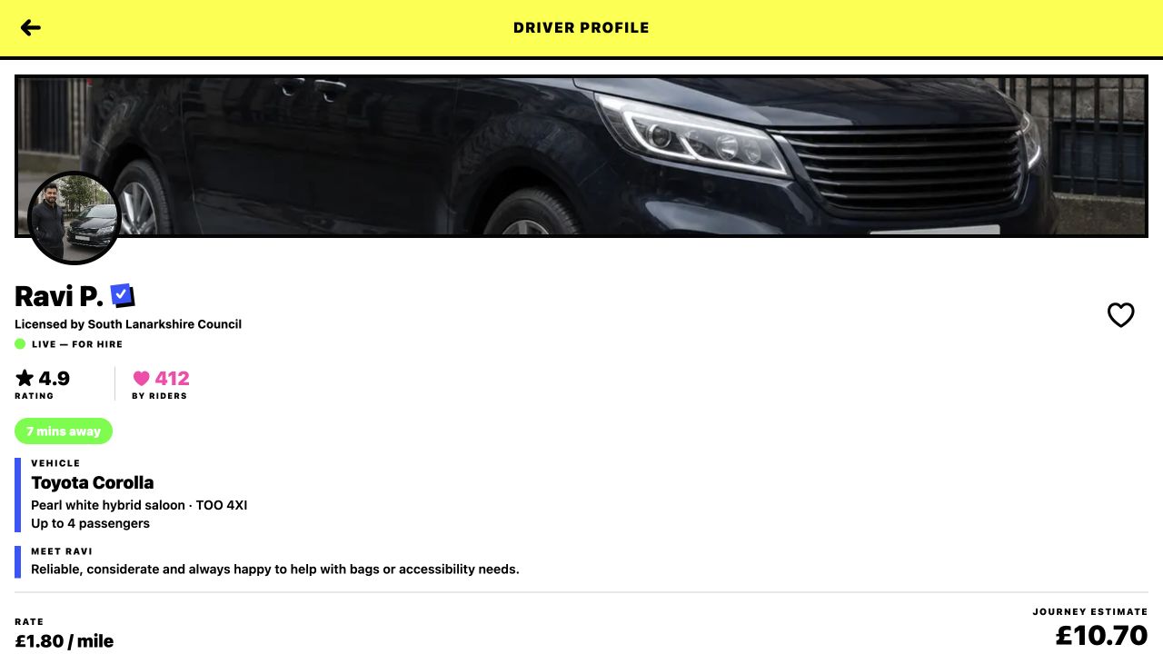Esempio del profilo del conducente pubblico che i ciclisti vedono nell'app Tooxi